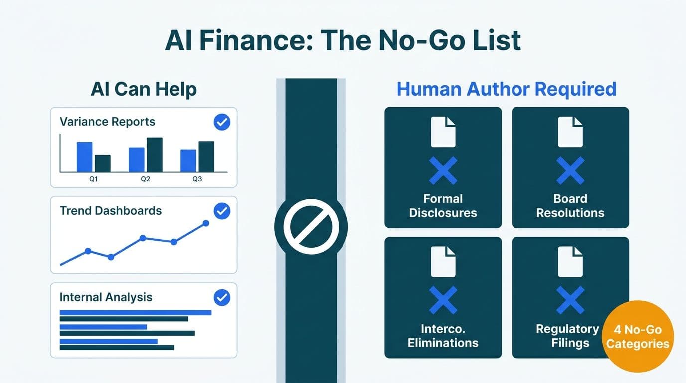 Two-zone diagram separating AI-approved finance tasks from four prohibited human-only document categories.