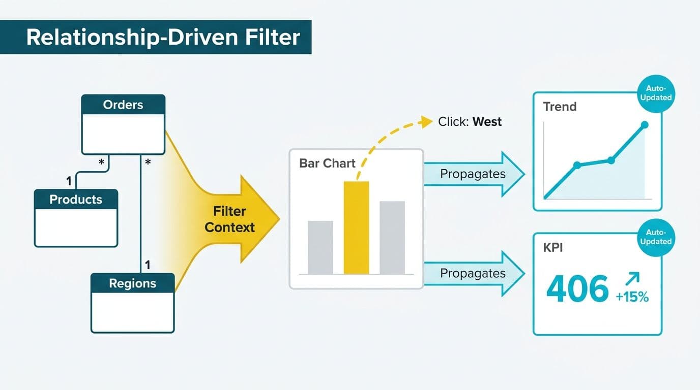 Data model relationship diagram with filter context arrow flowing from a selected bar chart to update two downstream visuals
