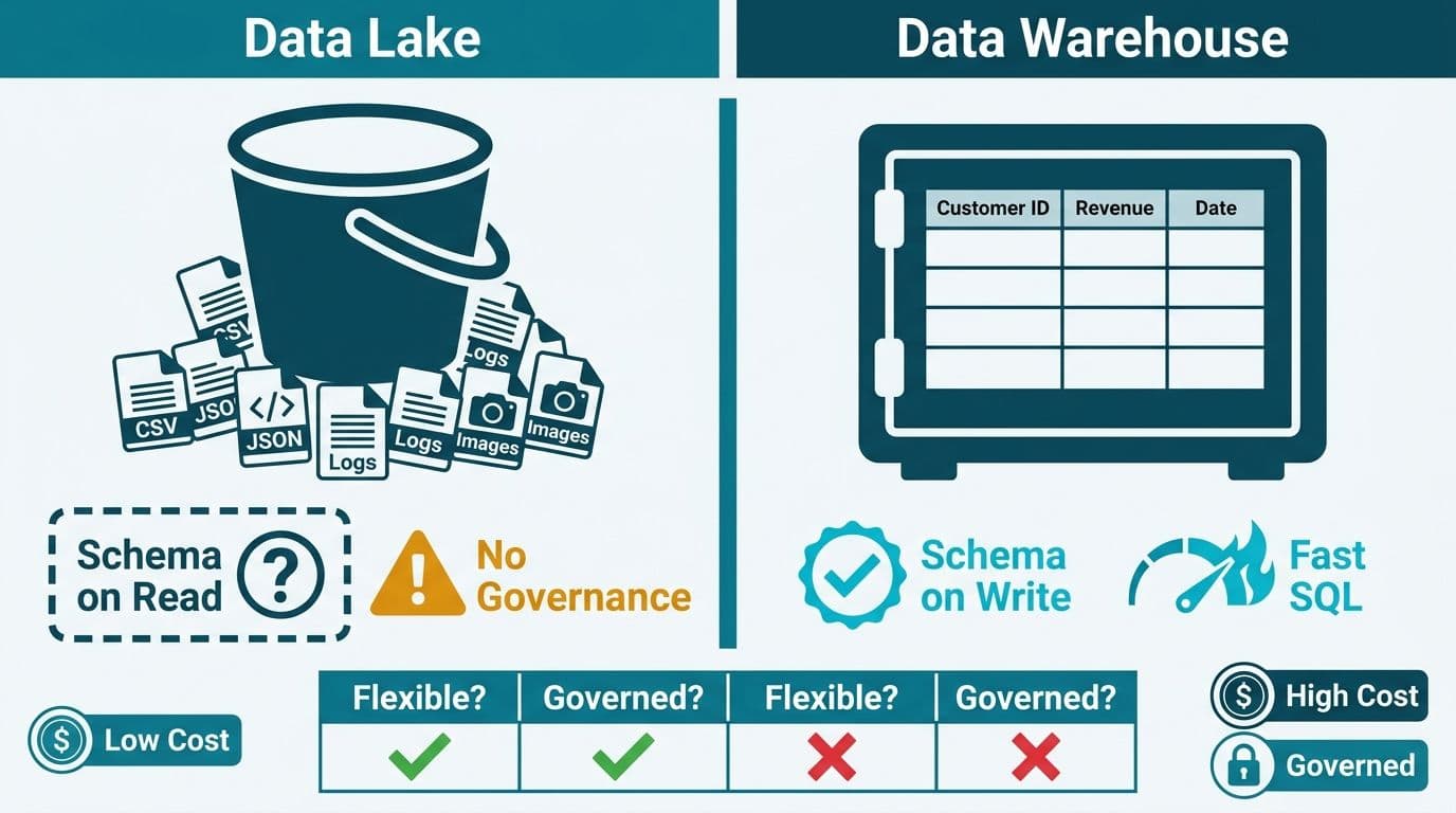 Split diagram contrasting a disorganized data lake with schema-on-read against a governed, structured data warehouse