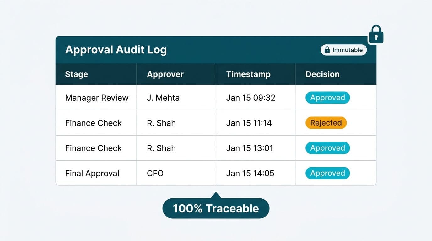 Approval audit log table with four decision rows showing approver names, timestamps, and outcomes