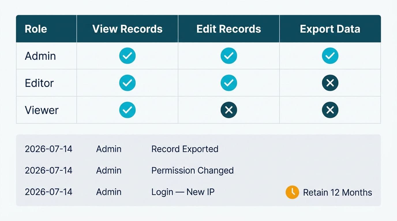 Role-based permissions matrix and audit log strip showing GDPR access control configuration