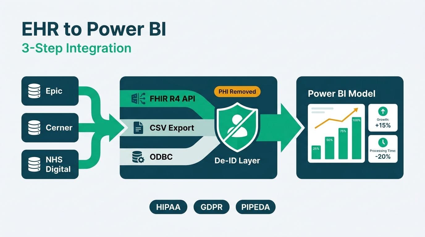 EHR systems Epic, Cerner, and NHS Digital flowing through FHIR, de-identification, and into Power BI