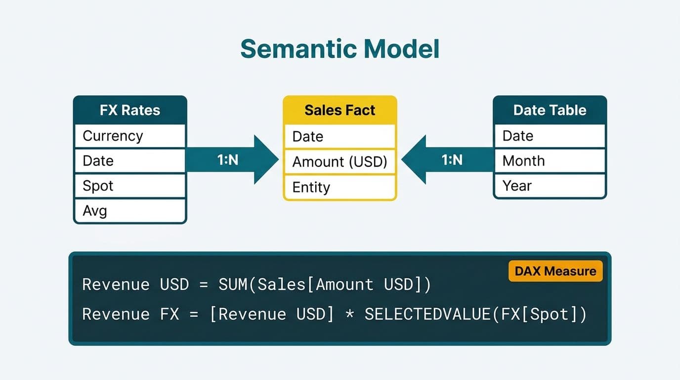 Star schema linking Sales Fact table to FX Rates and Date Table, with two DAX conversion measures shown below