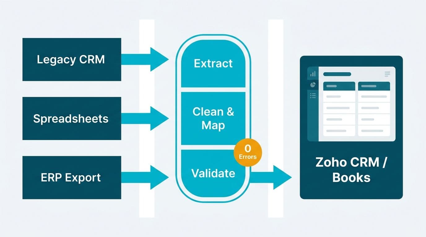 Data migration pipeline from legacy CRM and spreadsheets through extract-clean-validate steps into Zoho CRM