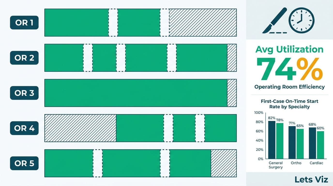 Five OR suite utilization bar tracks with average utilization metric and first-case on-time start comparison