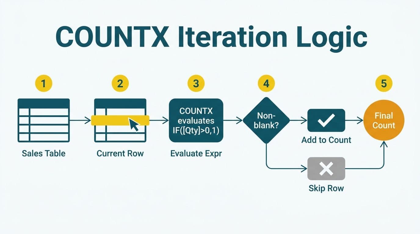 Five-step flow showing COUNTX scanning each table row, evaluating an expression, then counting non-blank results