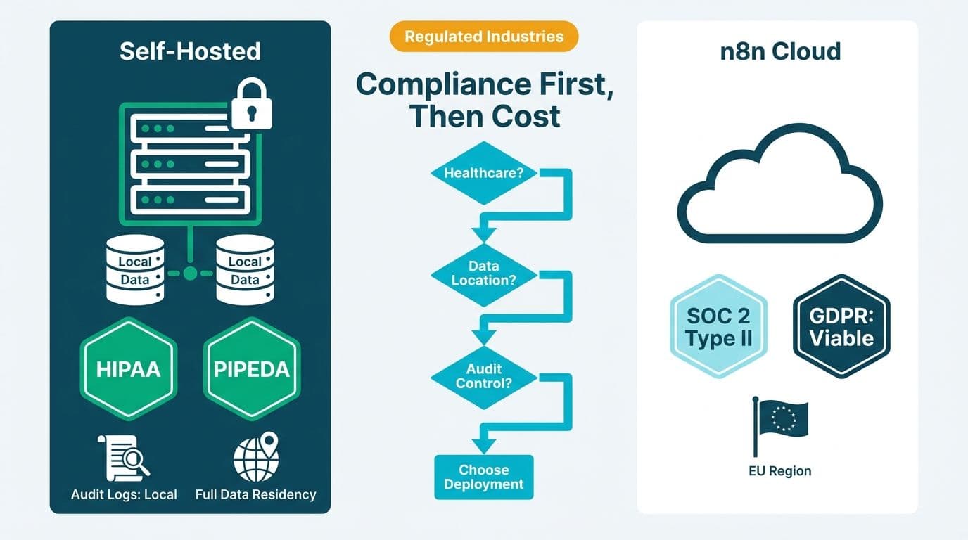 Split compliance decision chart comparing self-hosted n8n with HIPAA and PIPEDA badges against n8n Cloud with SOC 2 and GDPR indicators, connected by a central decision flowchart