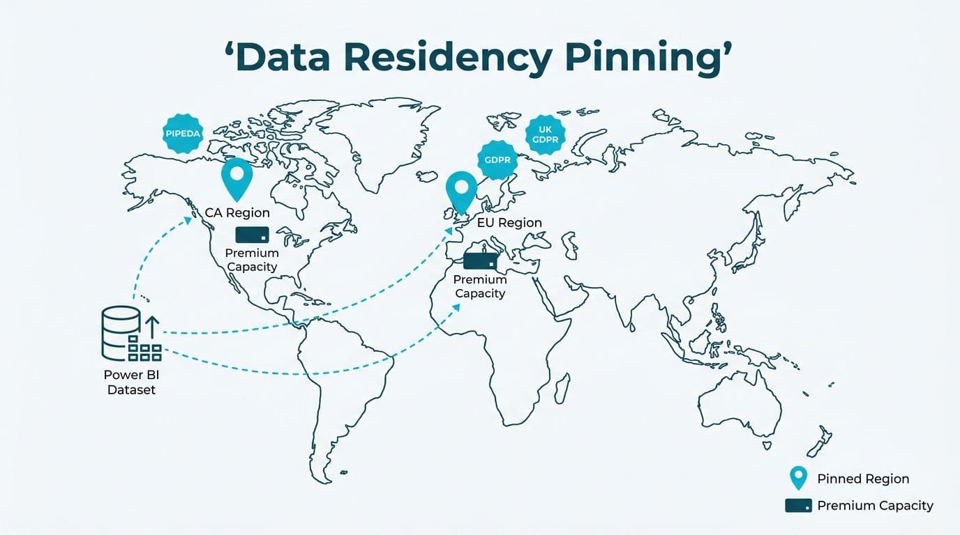 World map with Azure capacity pins routing Power BI datasets to EU, Canada, and UK data residency regions