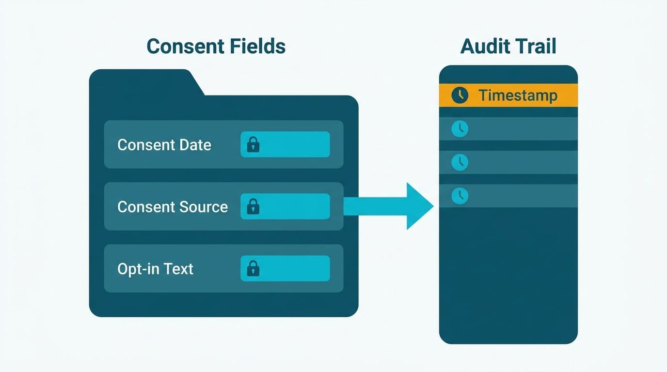 CRM consent form fields connected by arrow to timestamped audit trail log panel