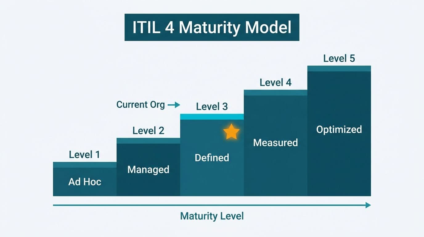 Five-step staircase diagram showing ITIL 4 maturity levels from Ad Hoc to Optimized with Level 3 highlighted
