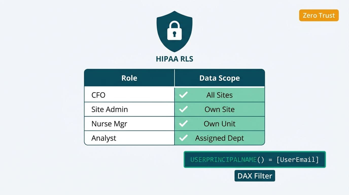 HIPAA row-level security matrix mapping CFO, Site Admin, Nurse Mgr, and Analyst roles to data scope with a DAX filter
