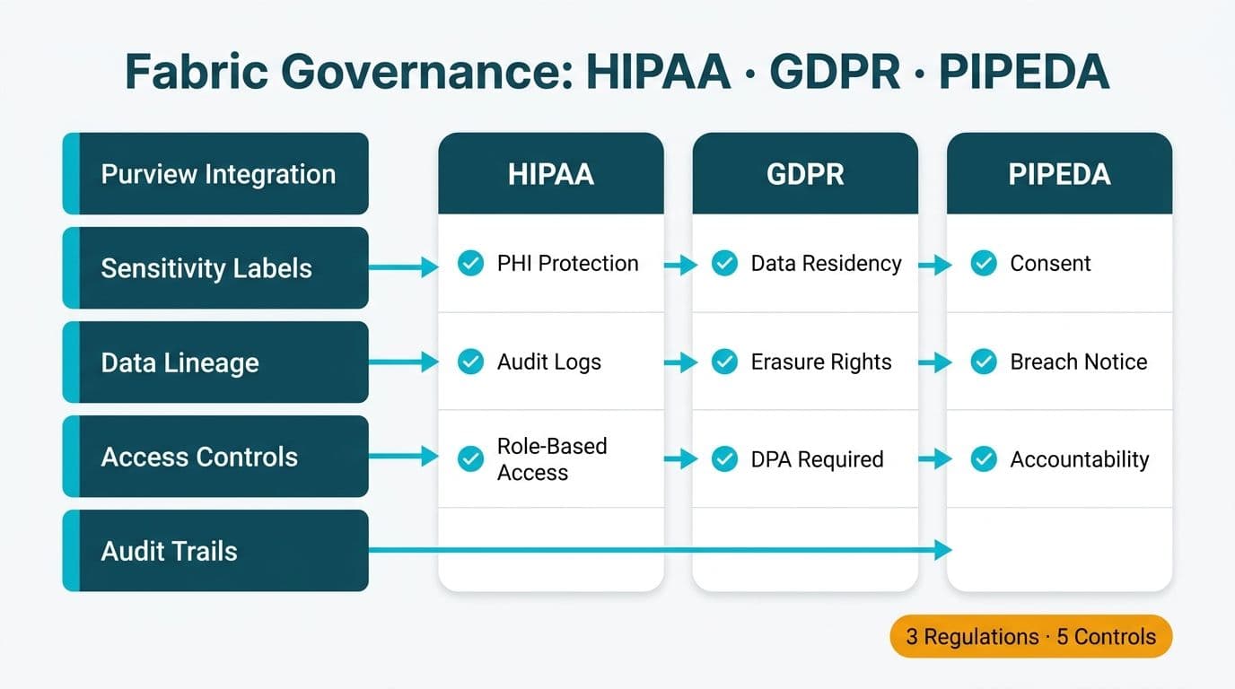 Compliance mapping grid connecting five Fabric governance layers to HIPAA, GDPR, and PIPEDA requirements