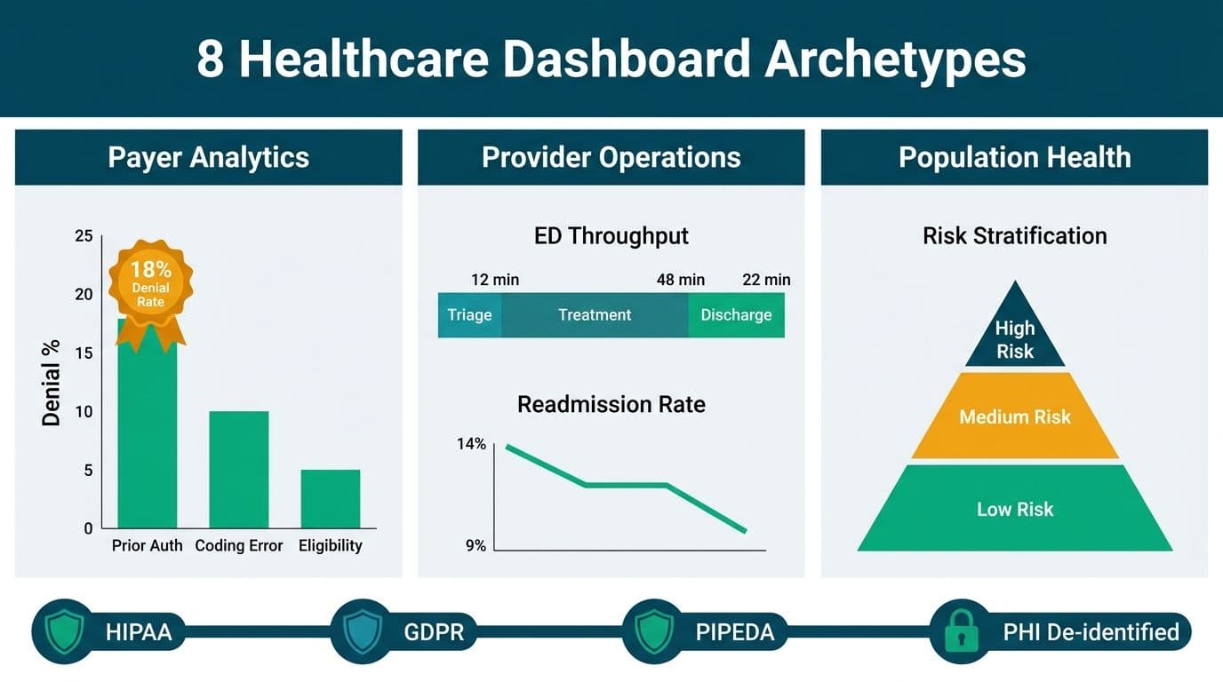 Three-panel healthcare dashboard gallery showing claims denial chart, ED throughput timeline, and risk stratification pyramid with HIPAA GDPR PIPEDA compliance shields