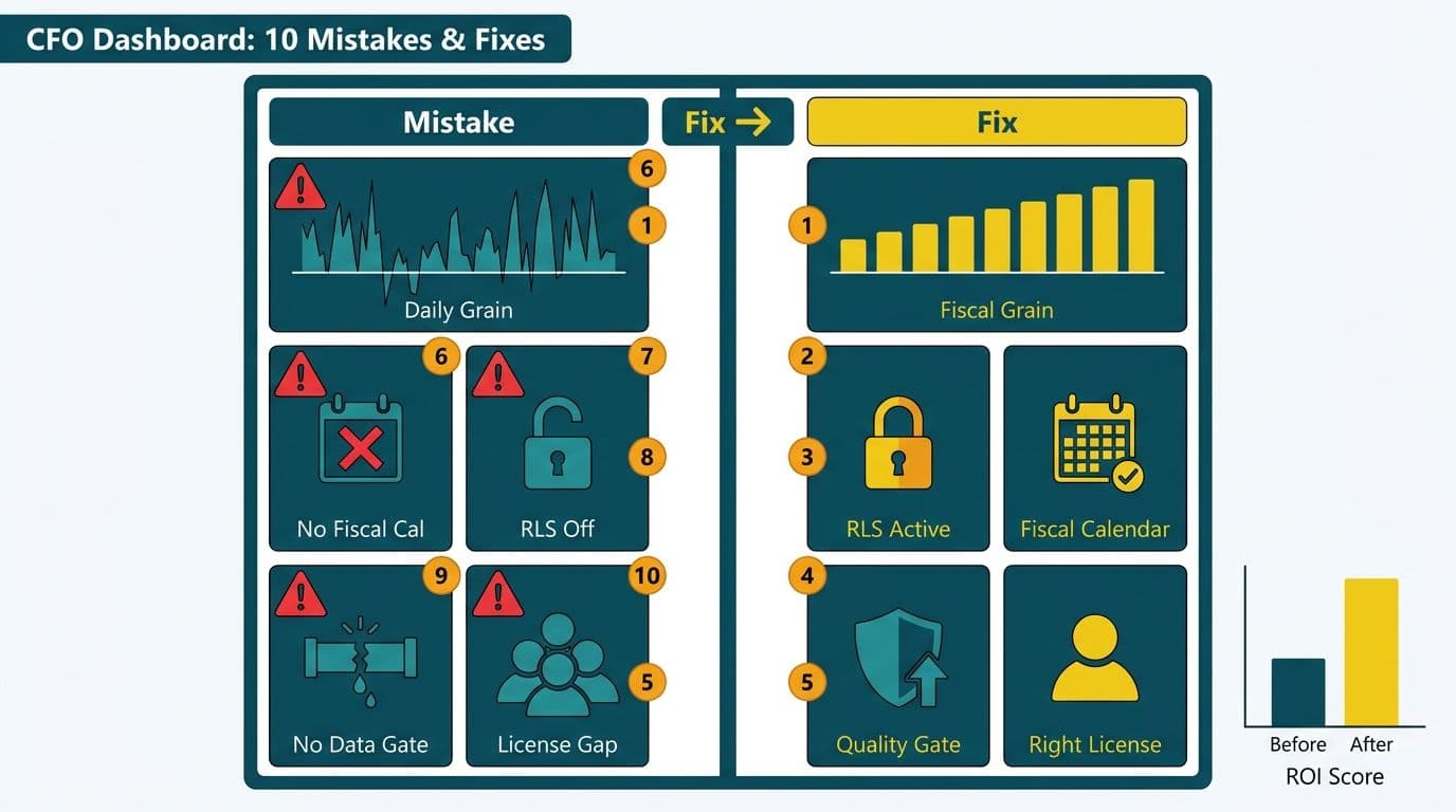 Split Power BI dashboard pairing ten CFO adoption mistakes on the left against their fixes on the right