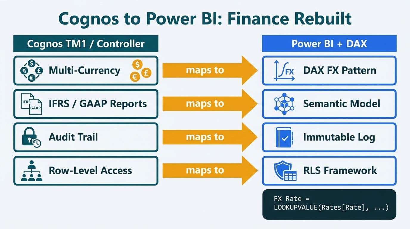 Two-column migration map pairing four Cognos finance capabilities with their Power BI DAX equivalents via amber arrows