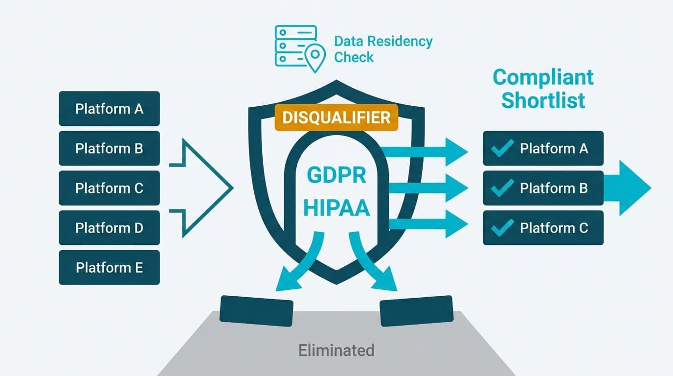 Compliance filter funnel eliminating non-GDPR-HIPAA platforms, leaving a compliant shortlist of three