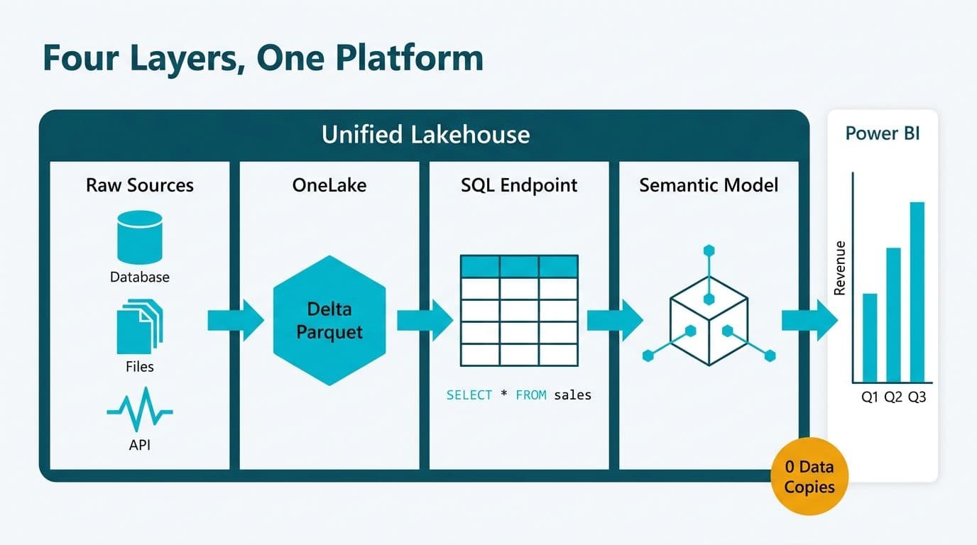 Four-layer Fabric Lakehouse architecture flow: raw sources, OneLake Delta Parquet storage, SQL endpoint, Power BI semantic model