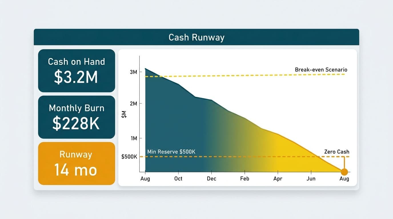 Cash runway Power BI dashboard with three burn-rate KPI cards and a projected cash balance decline chart
