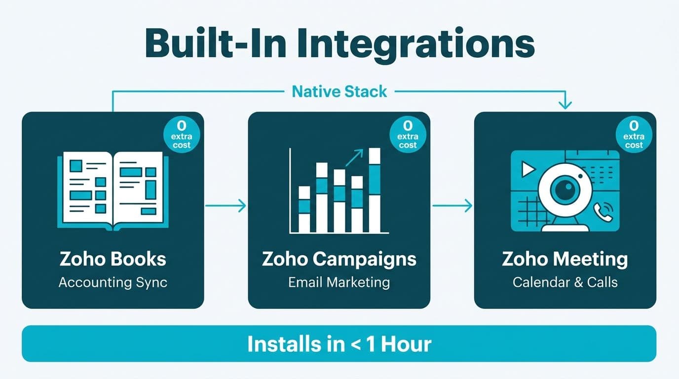 Three native Zoho integration panels — Books, Campaigns, Meeting — showing zero extra cost badges and under one hour install time