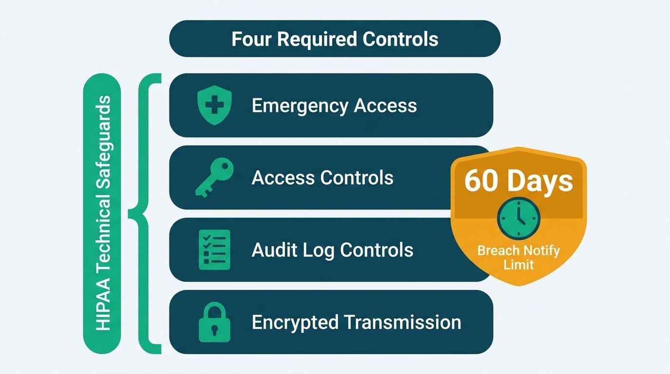 Four-layer stacked architecture diagram of HIPAA technical safeguards from encrypted transmission to emergency access