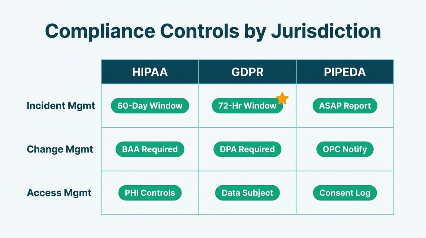Matrix grid mapping HIPAA, GDPR, and PIPEDA requirements across incident, change, and access management rows