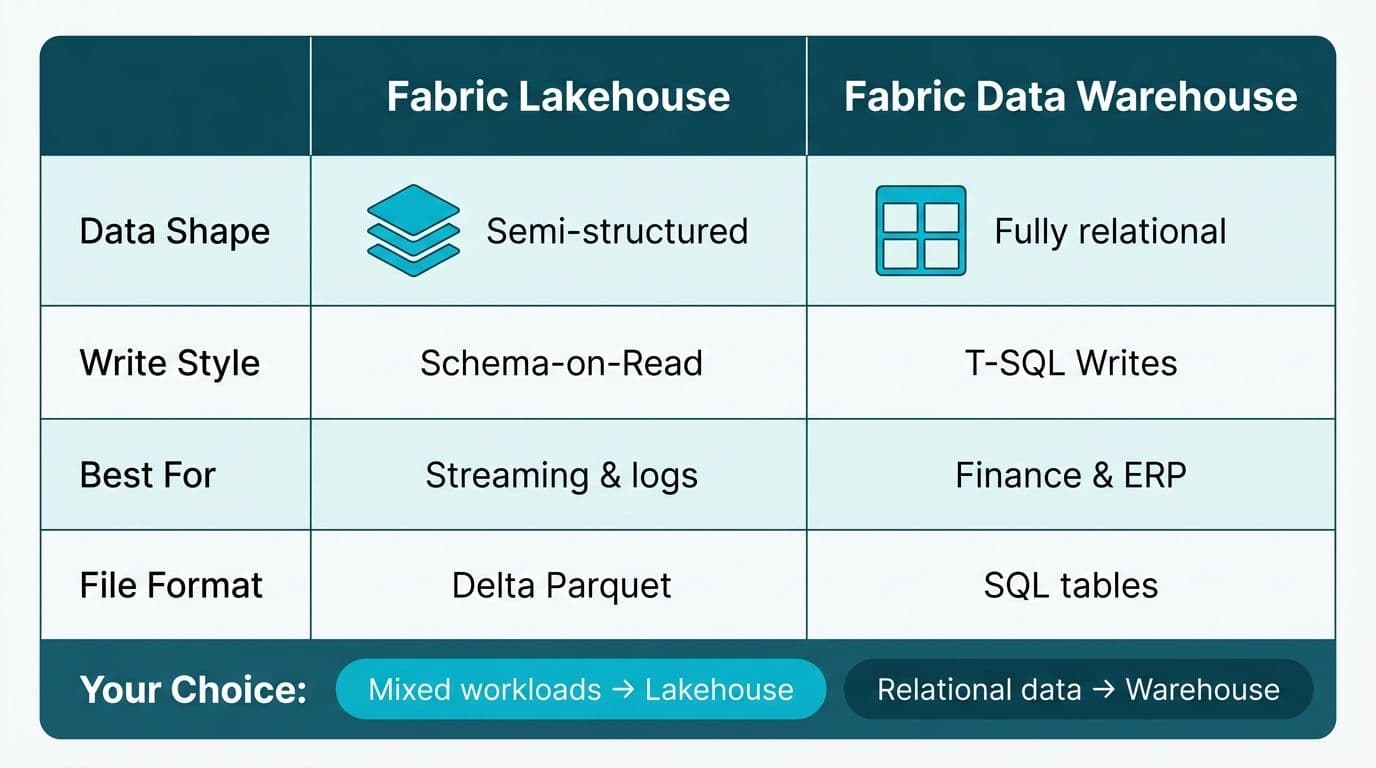 Four-row comparison table mapping data shape, write style, and use cases to Lakehouse versus Data Warehouse