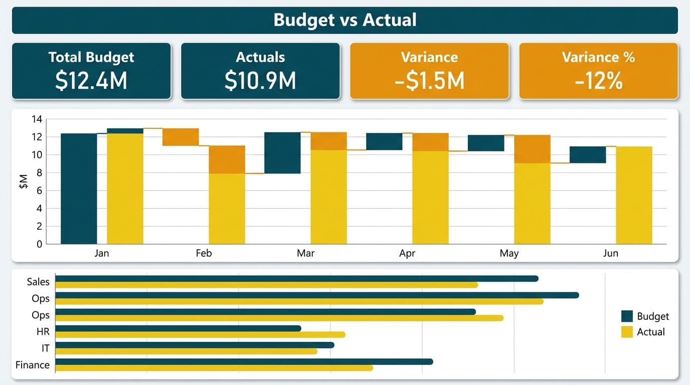 Power BI waterfall chart comparing budget versus actual spend by month with a department-level bar breakdown
