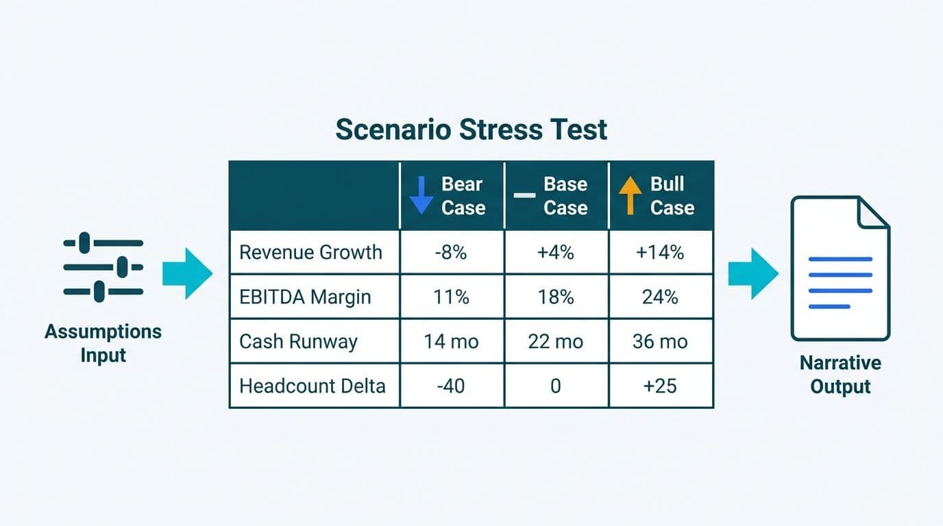 Three-column Bear, Base, Bull scenario comparison table with financial metrics feeding a Claude narrative output card