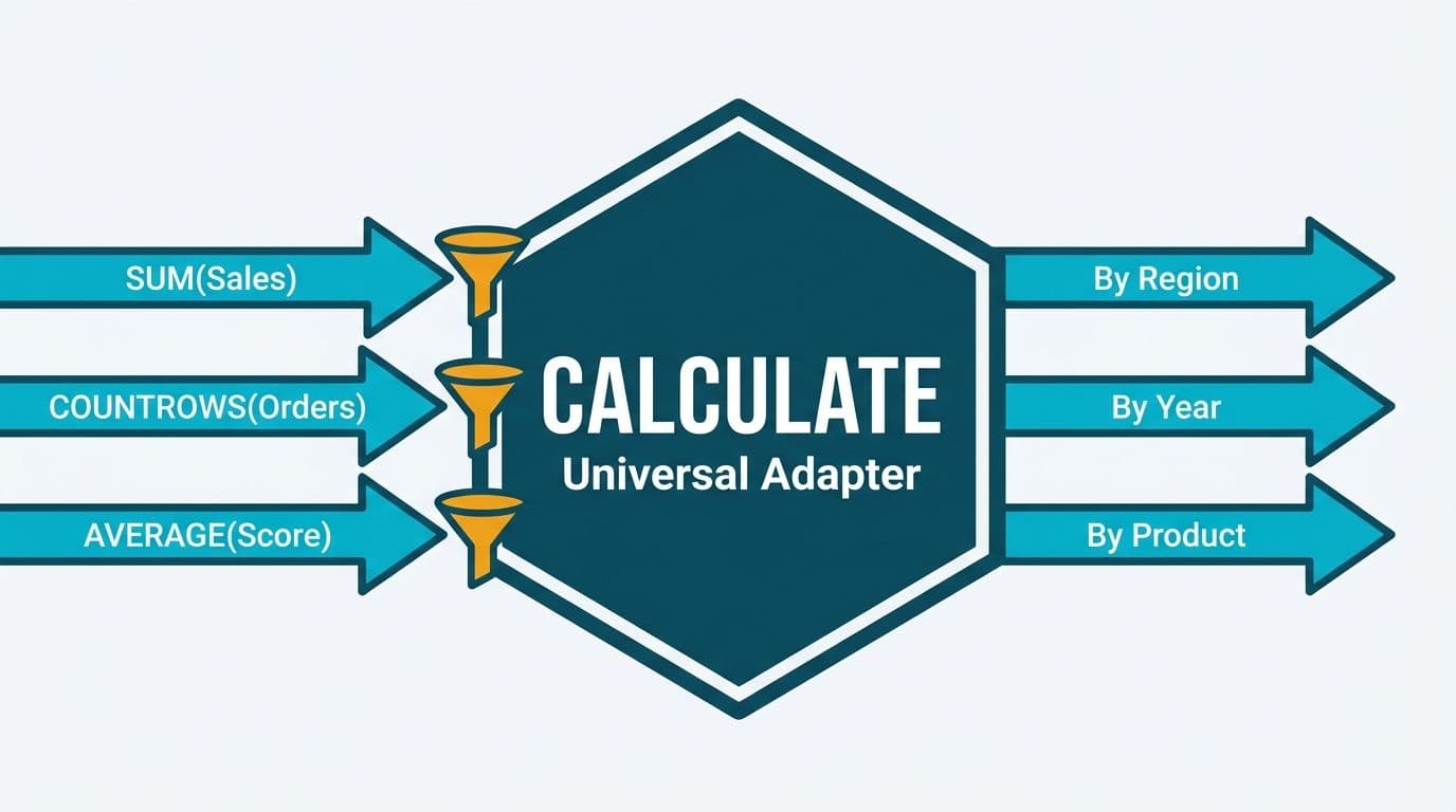 CALCULATE hexagon hub receiving three DAX aggregation inputs and routing filtered outputs by region, year, product