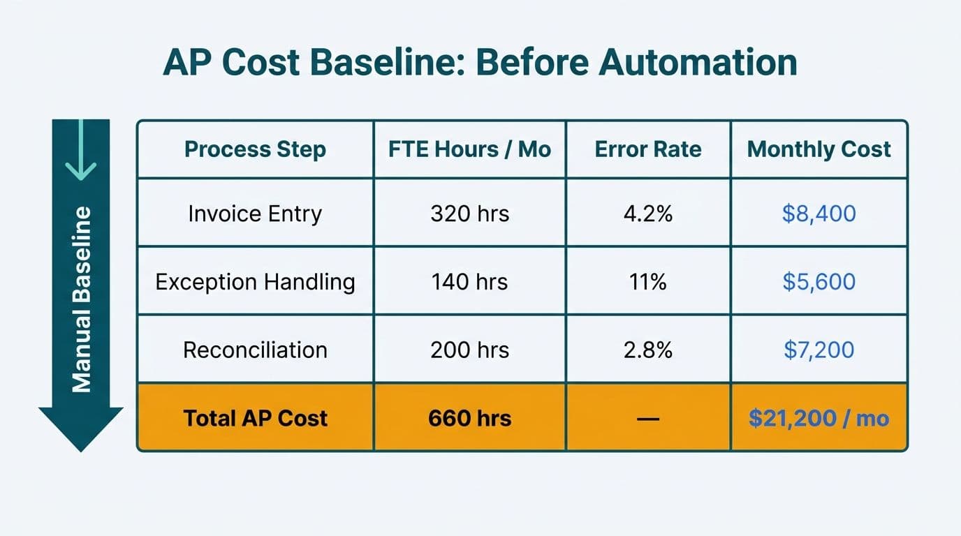 Cost breakdown table showing FTE hours, error rates, and monthly costs for accounts payable process steps