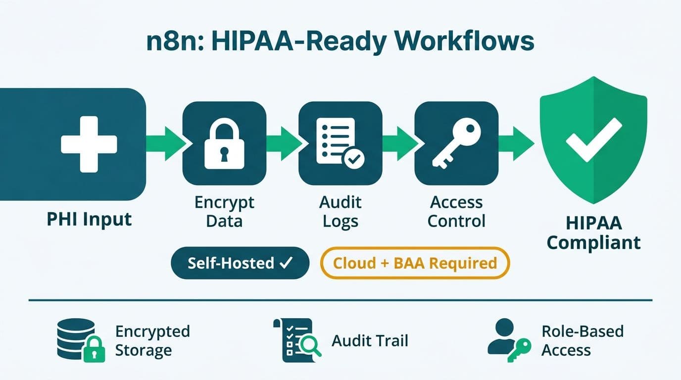 n8n workflow pipeline routing PHI through encrypt, audit, and access-control nodes to a HIPAA shield