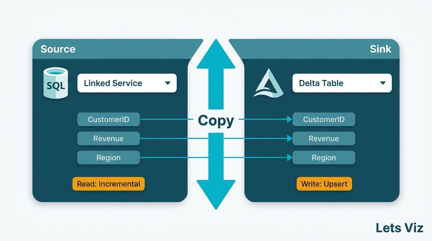 Copy Activity configuration panel mapping source SQL columns to Lakehouse Delta Table sink columns