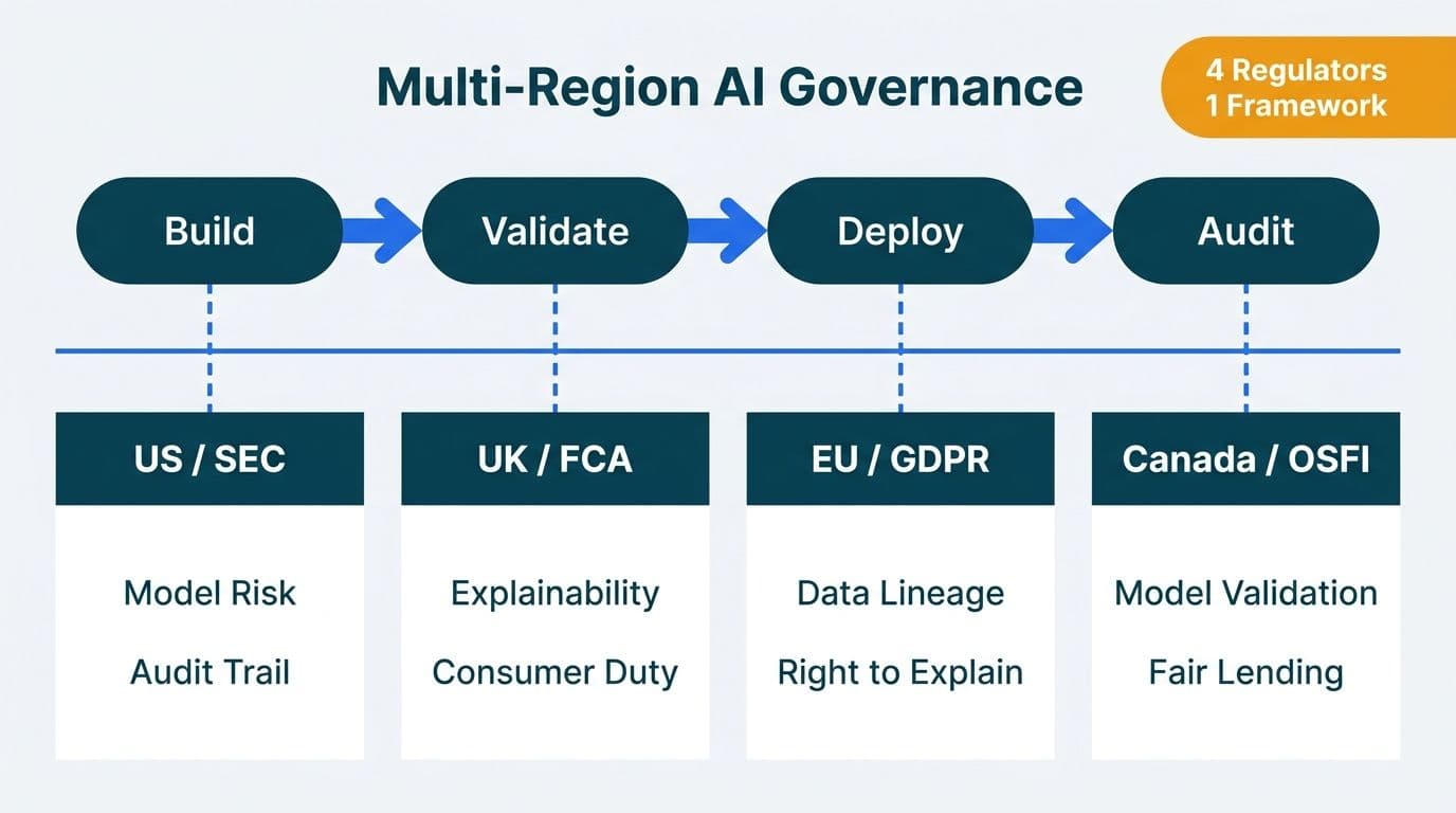 AI governance lifecycle pipeline with Build-Validate-Deploy-Audit stages connecting SEC, FCA, GDPR, and OSFI regulatory columns