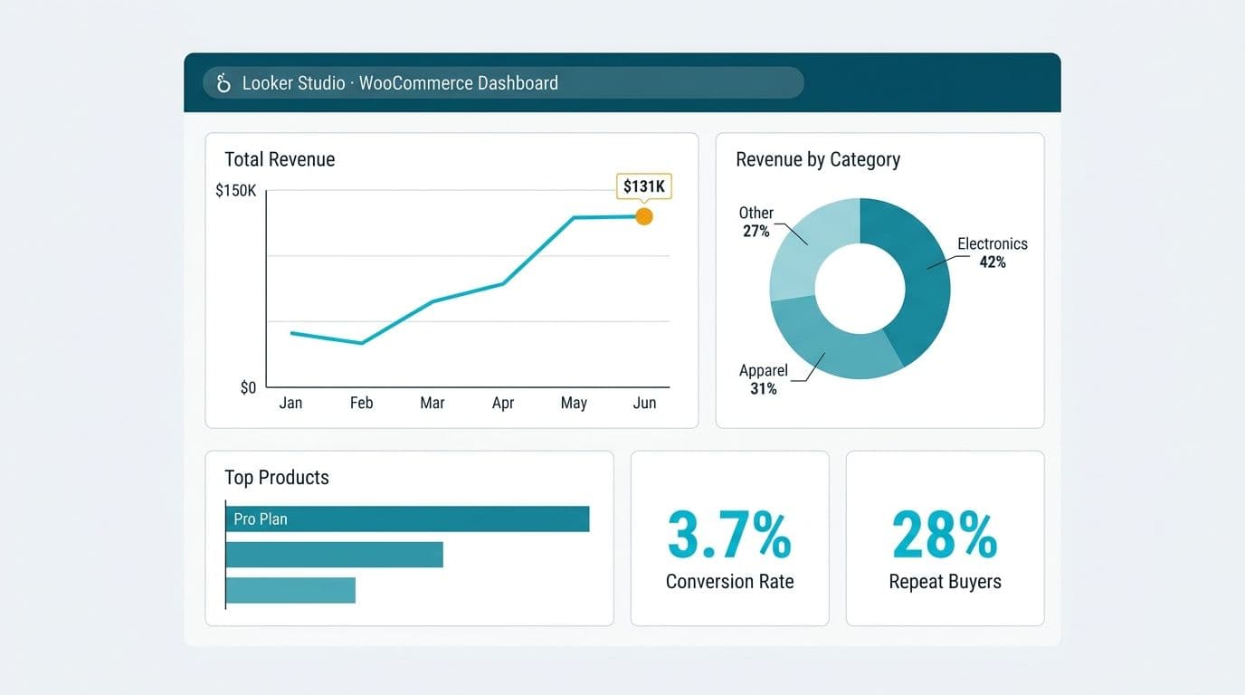 Looker Studio dashboard grid showing WooCommerce revenue trend, category donut chart, and e-commerce KPI tiles