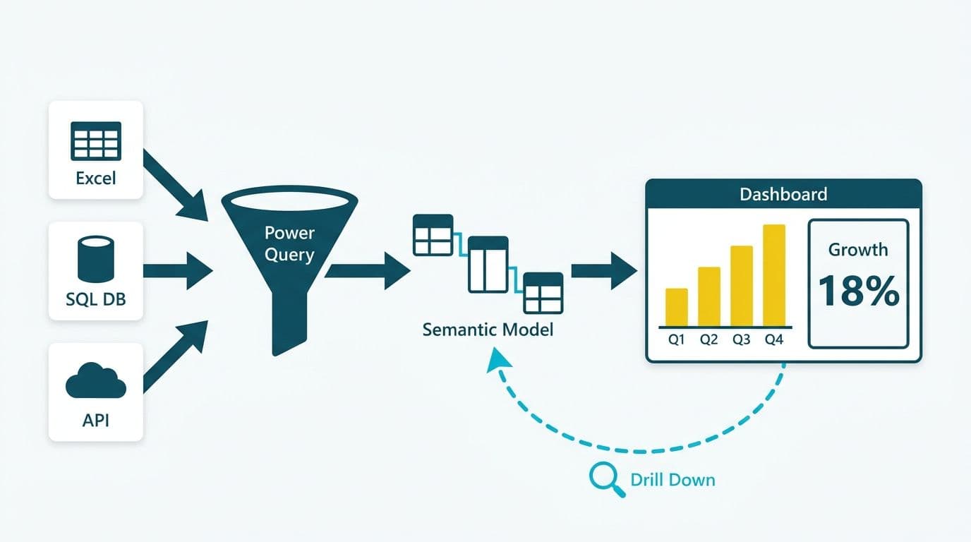 Data pipeline flowing from Excel, SQL, and API sources through Power Query and a semantic model into an interactive dashboard