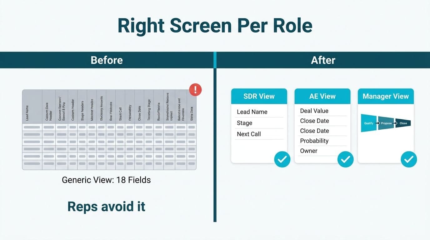 Before-after split: crowded 18-field generic CRM versus three clean Canvas views tailored for SDR, AE, and manager roles