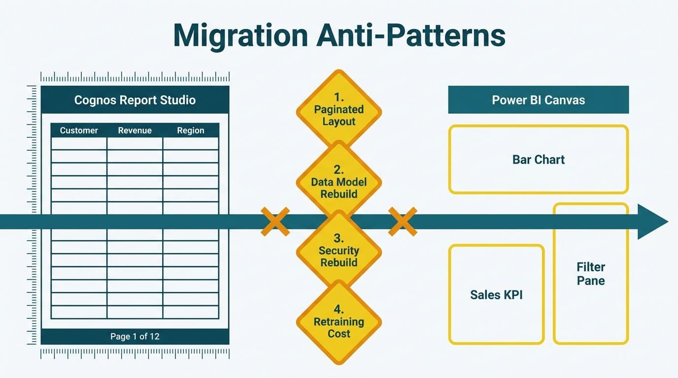 Cognos paginated report and Power BI canvas separated by four labeled migration failure points