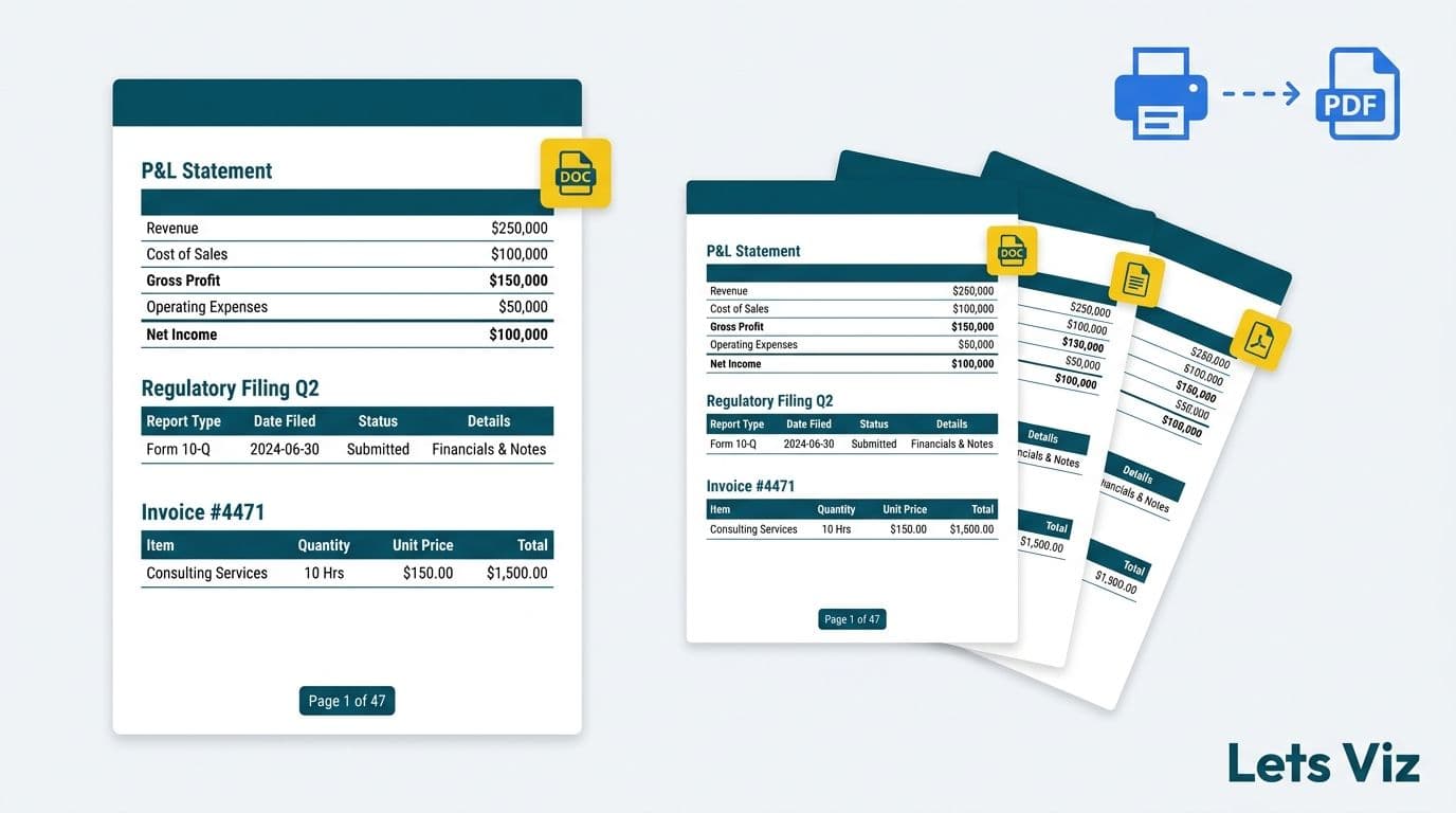 Stack of fixed-layout paginated financial documents showing P&L, invoice, and regulatory filing