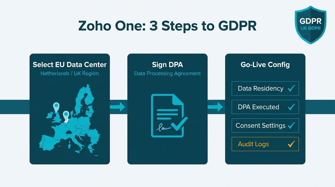 Three-step compliance flow diagram: EU data center selection, DPA signing, and go-live configuration checklist with GDPR shield