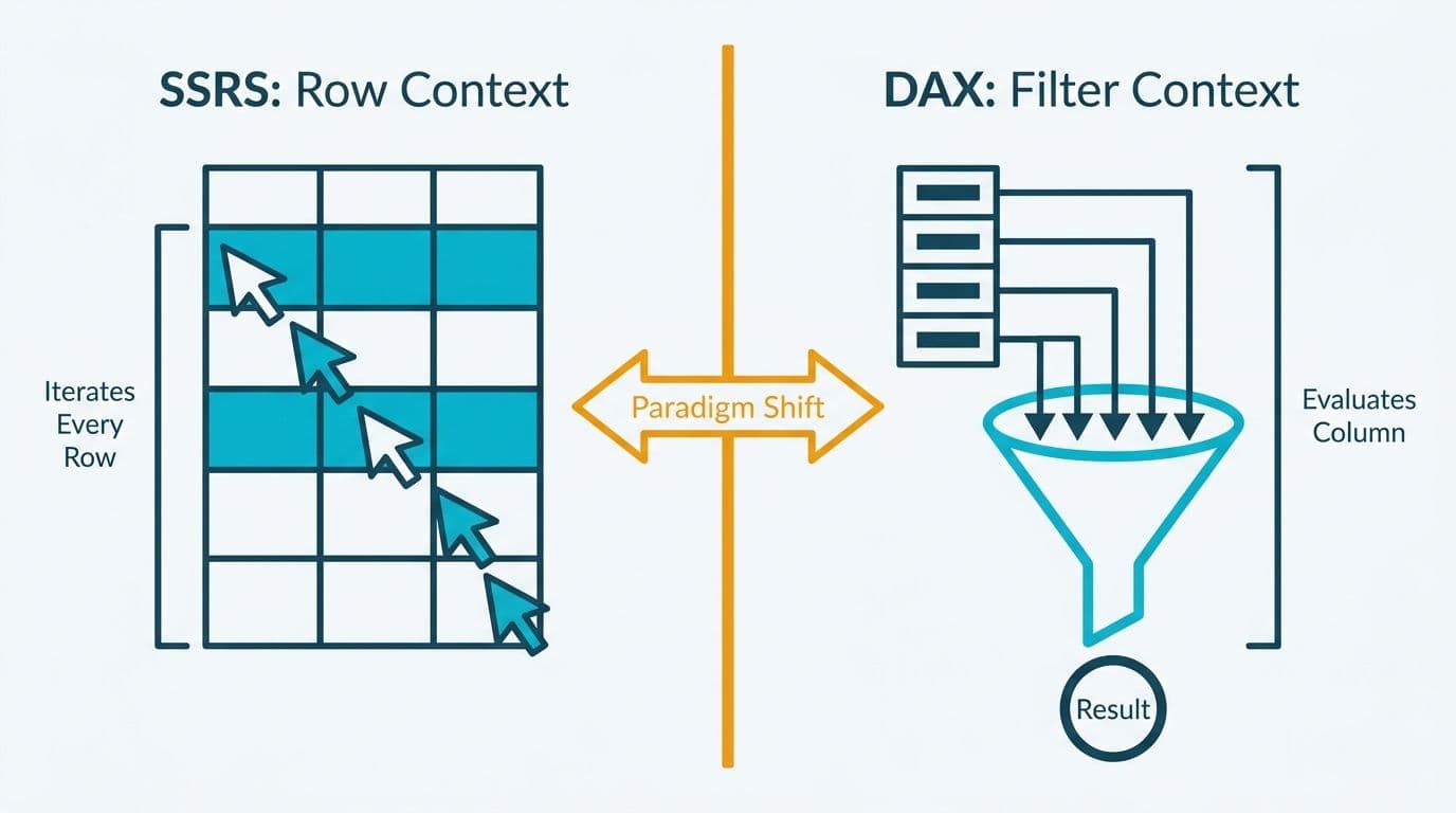 SSRS row-by-row iteration table versus DAX filter context funnel diagram separated by paradigm shift arrow