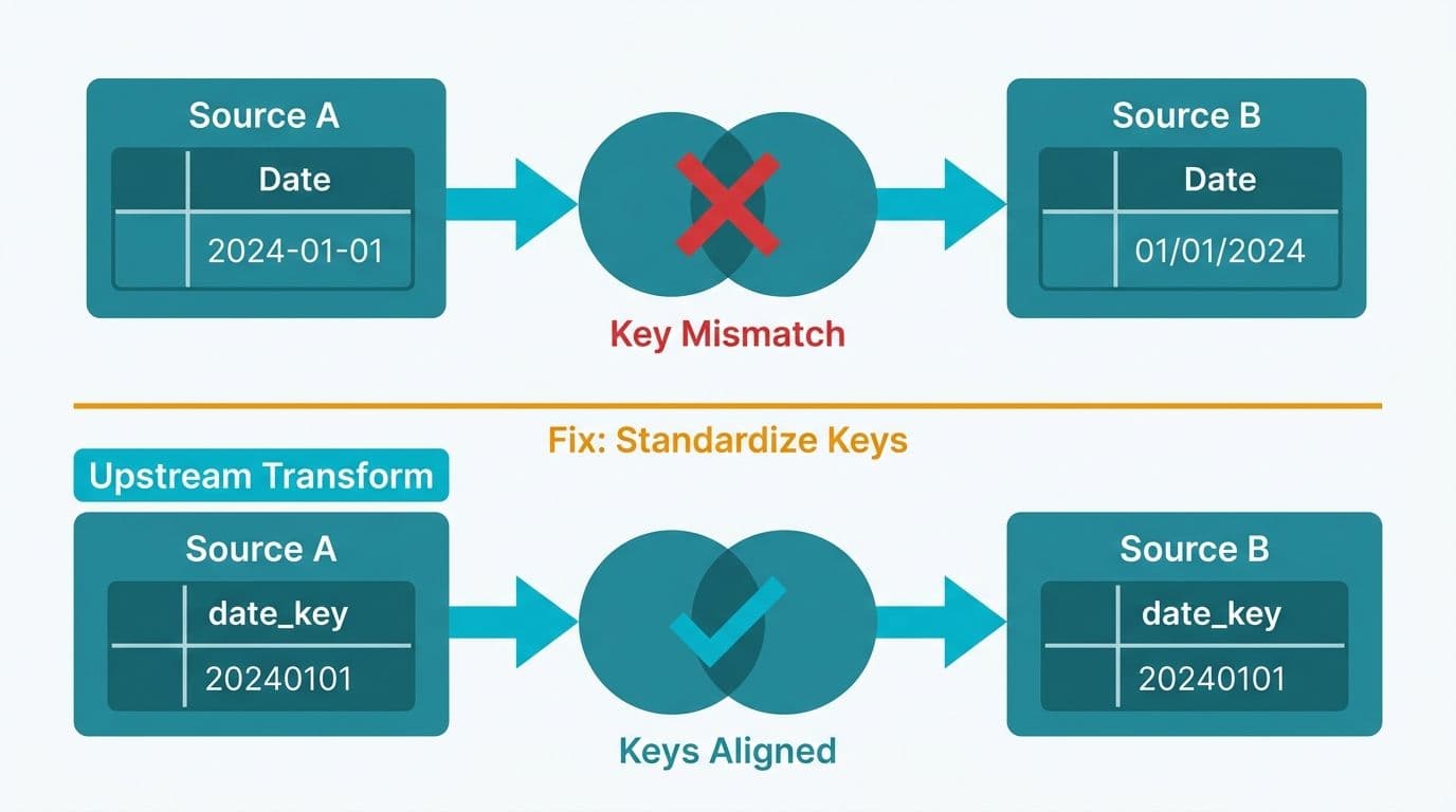 Two table sources with mismatched date formats failing a join, resolved by a standardized key column below