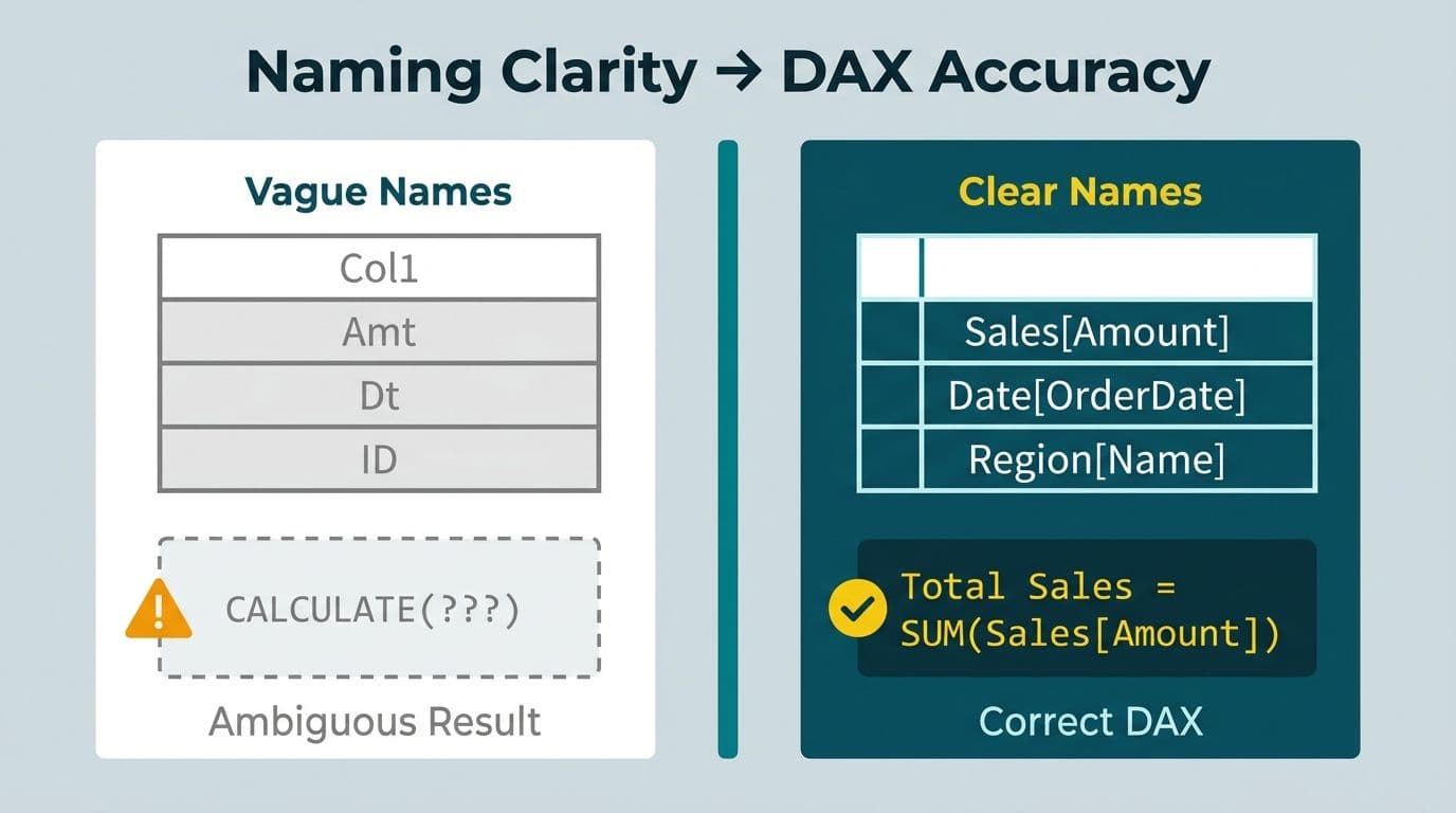 Side-by-side comparison of vague versus descriptive semantic model field names and their resulting DAX expressions