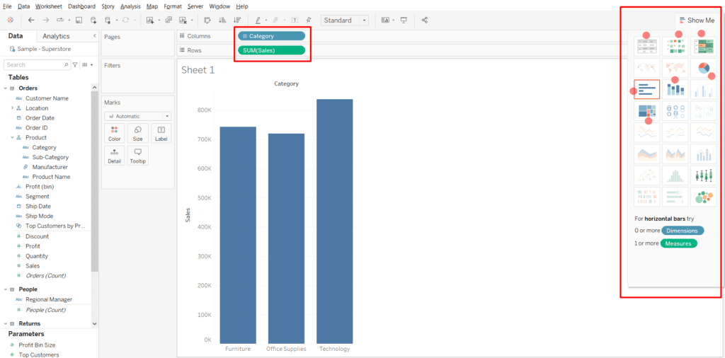 Built-in charts in Tableau - Show Me Option