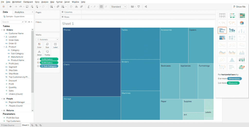 An example of Treemap chart in Tableau using Tableau Show Me