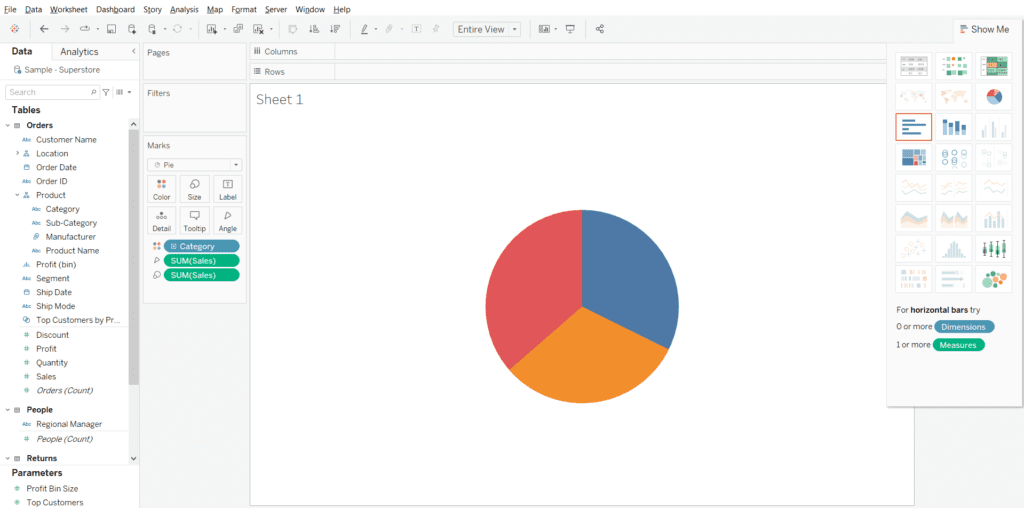 An example of Pie chart in Tableau using Tableau Show Me