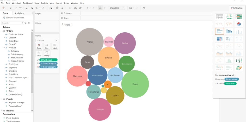 An example of Bubble chart in Tableau using Tableau Show Me